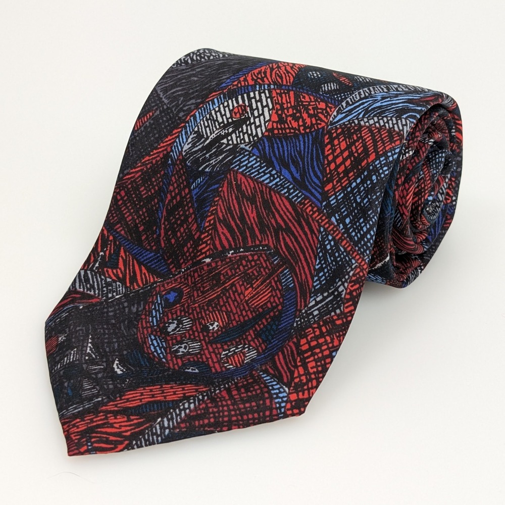 Vintage Shemoy Abstract Geometric 100% Silk Wide Neck Tie 3.75 x 60 Red Blue